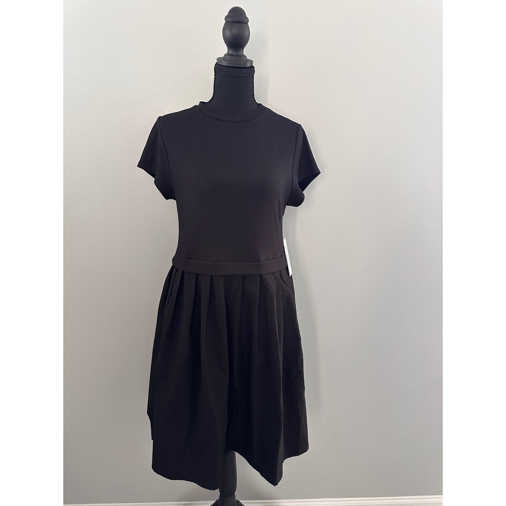 Emma & Michele Black Ribbed Knit Mixed Media Pleated Skirt Dress Medium NWT